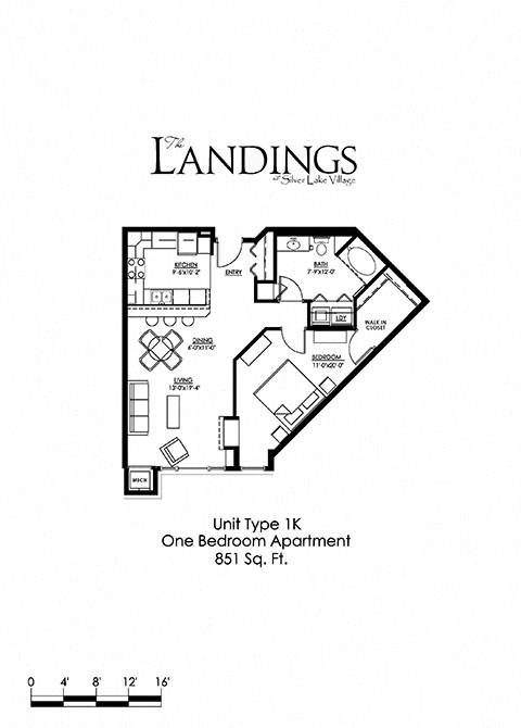 Floor plan for 1 bed, 1 bath, 851 sqft